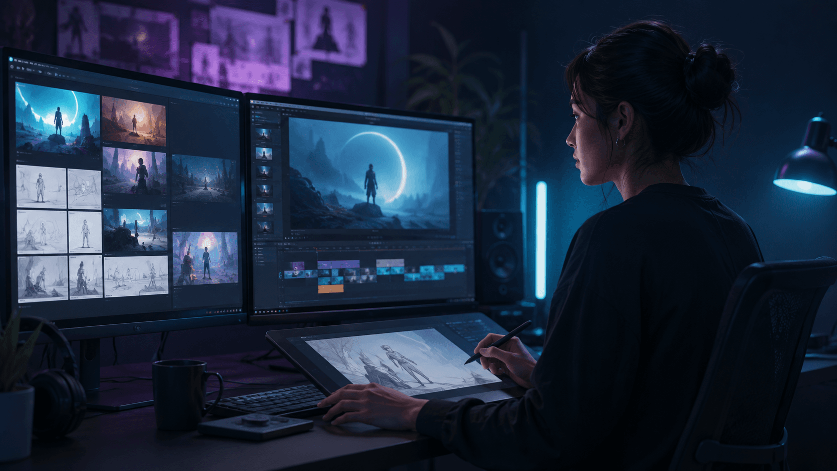 A creator working with digital media and storyboards