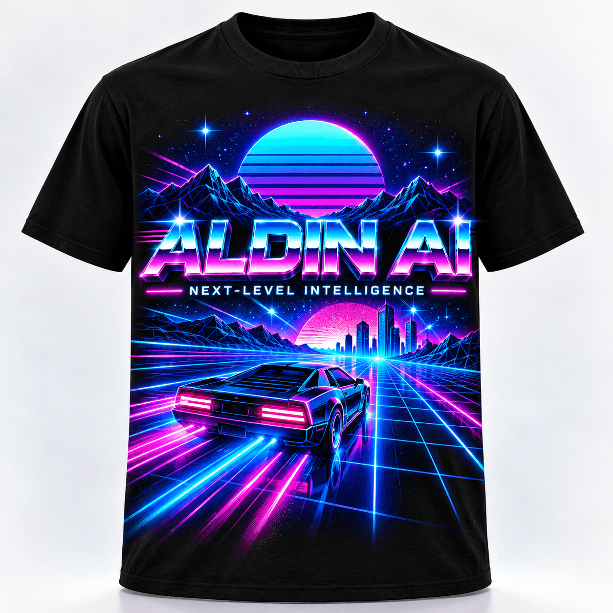 Historical development mockup of an Aldin AI synthwave graphic T-shirt