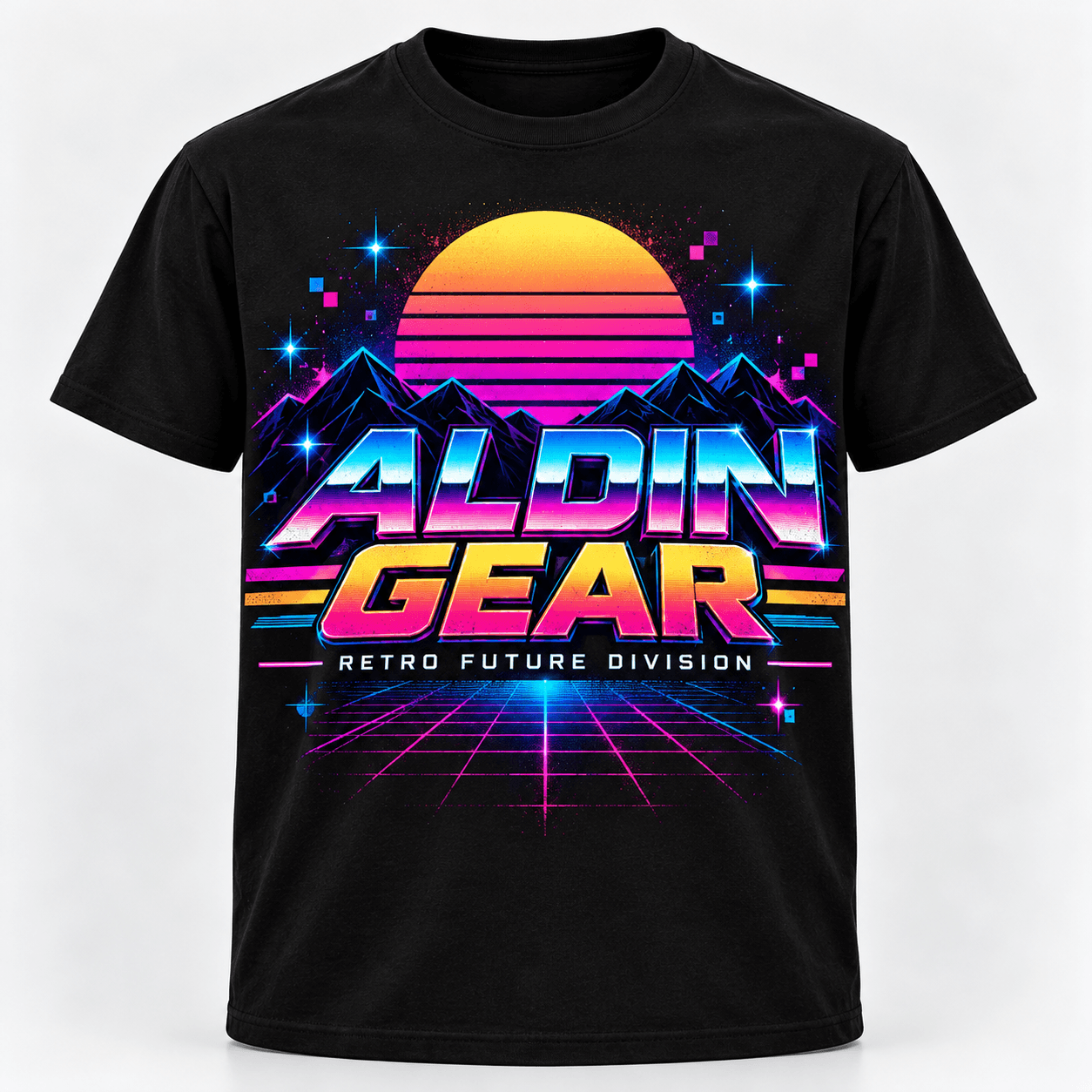 Historical development mockup of an Aldin Gear retro future T-shirt