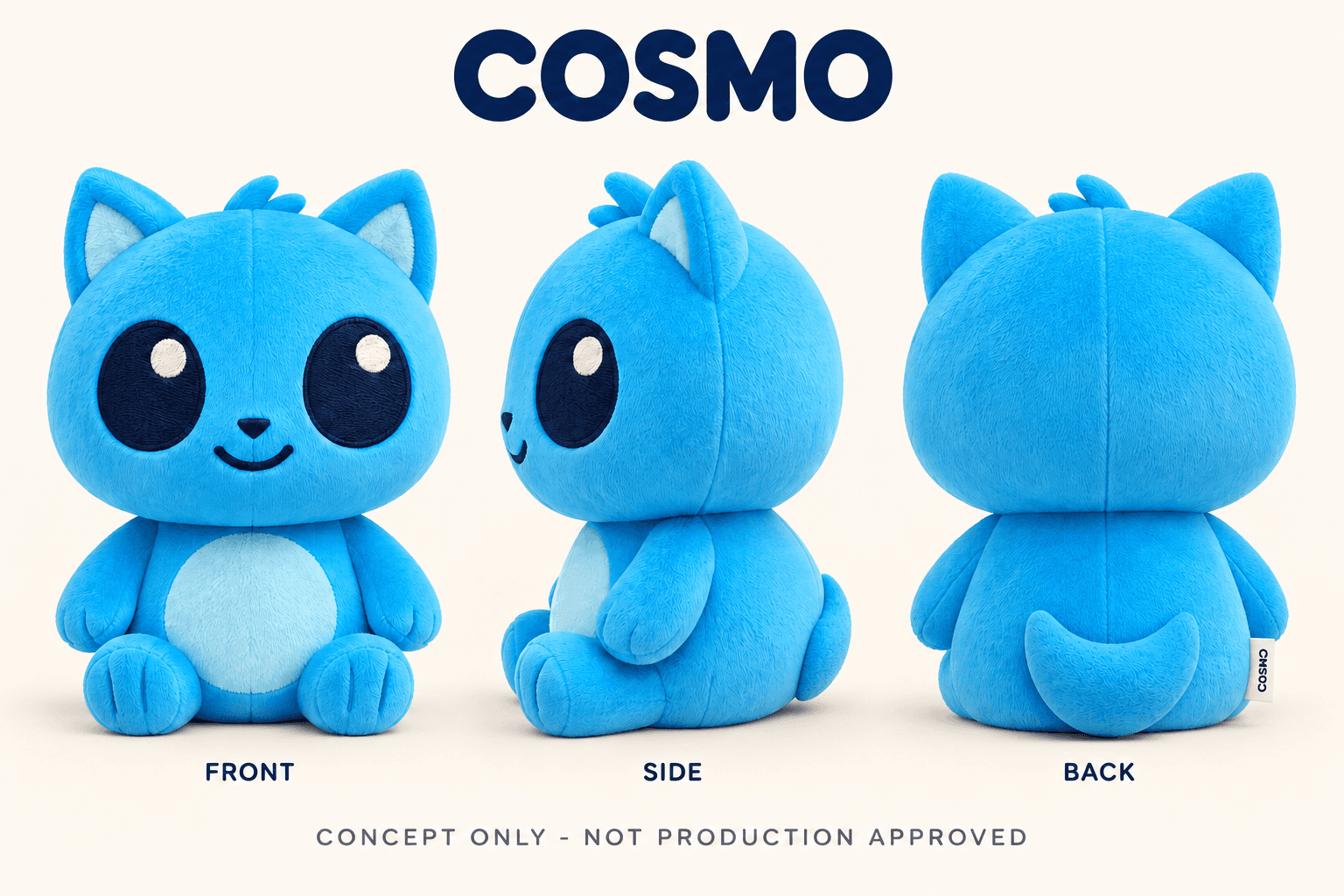 Historical V1 blue cat plush board printed COSMO; earlier Simba direction, not Cosmos the turtle