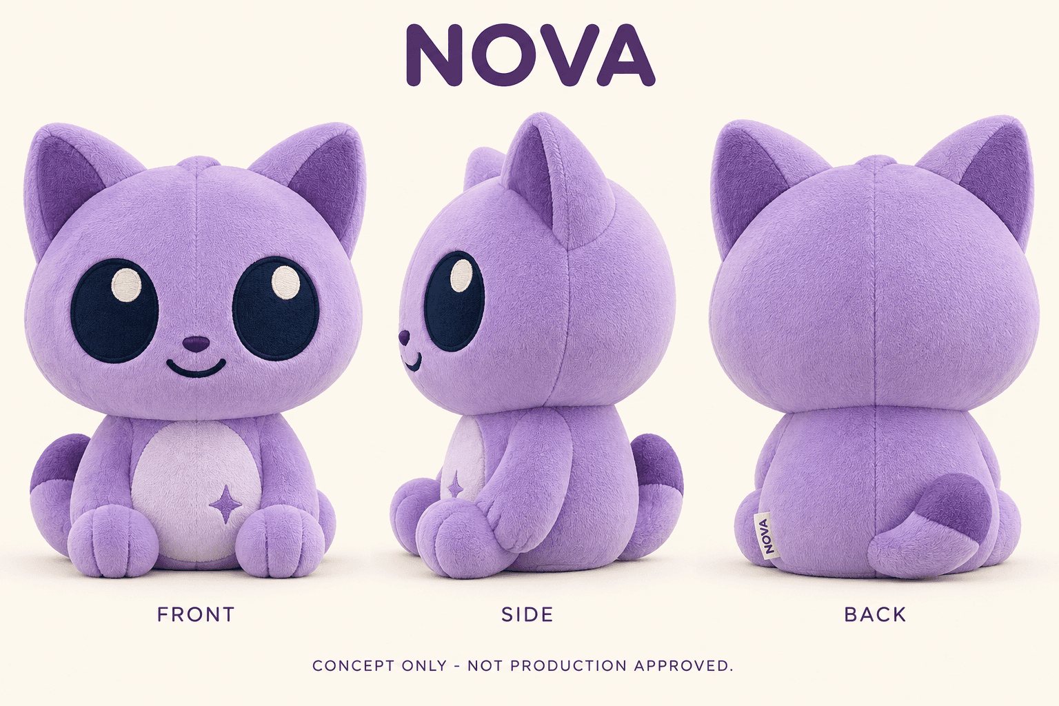 Historical V1 lavender cat plush board printed NOVA; earlier Poomba direction, not current Nova monkey