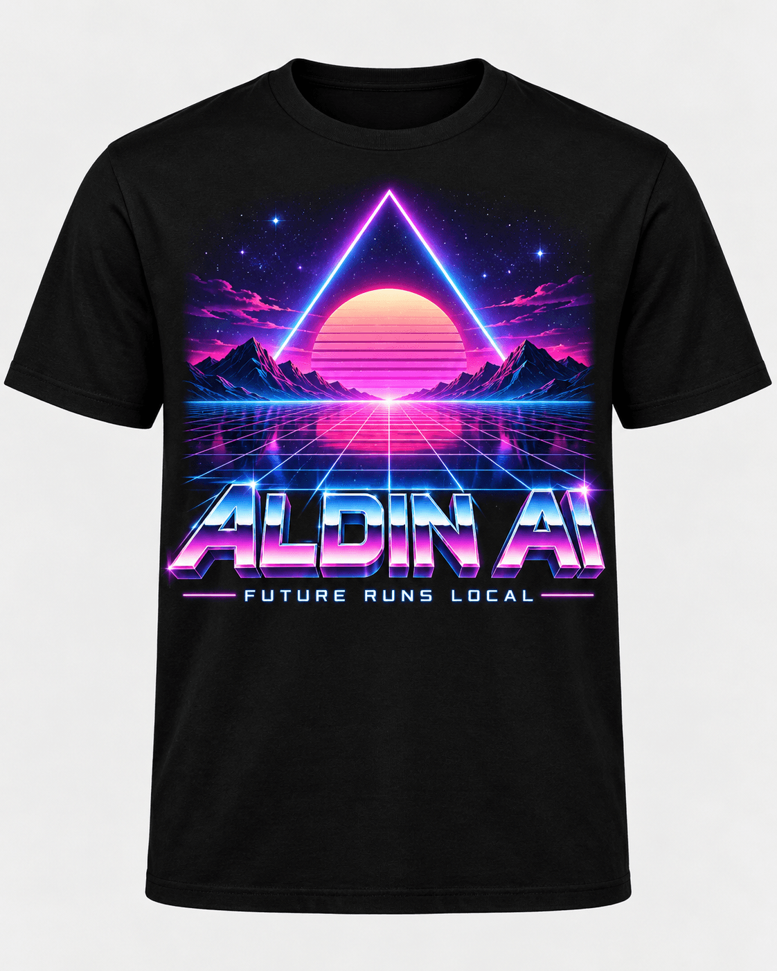 Historical development mockup of a neon synthwave Aldin AI shirt