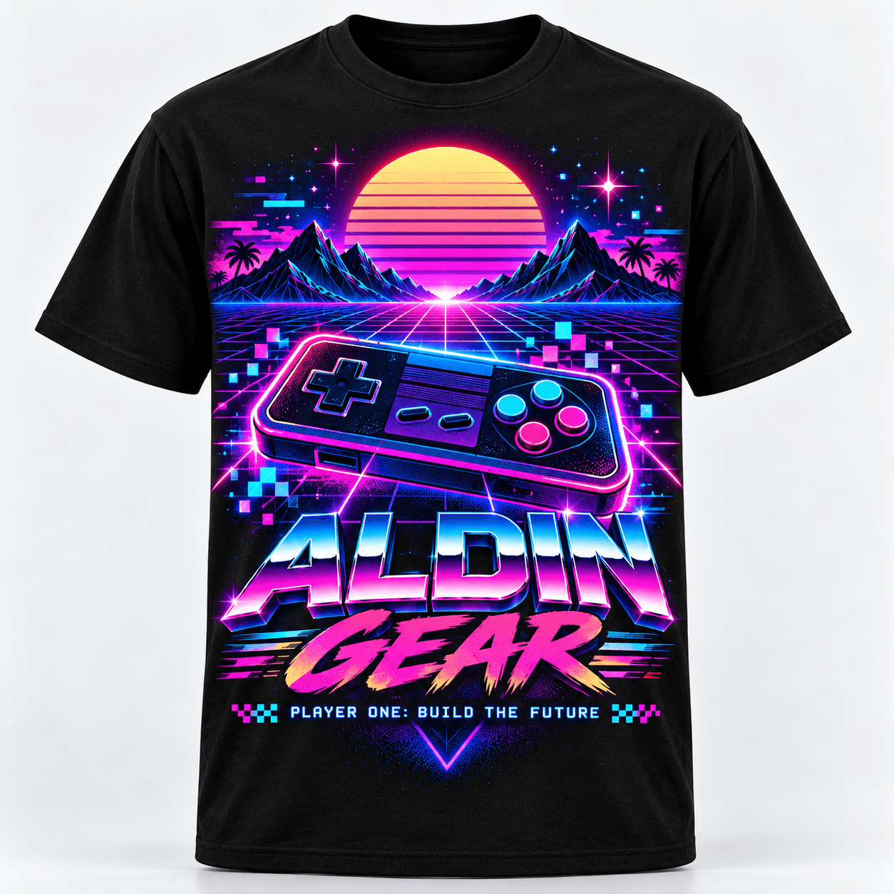 Historical development mockup of an original neon gamer-themed T-shirt