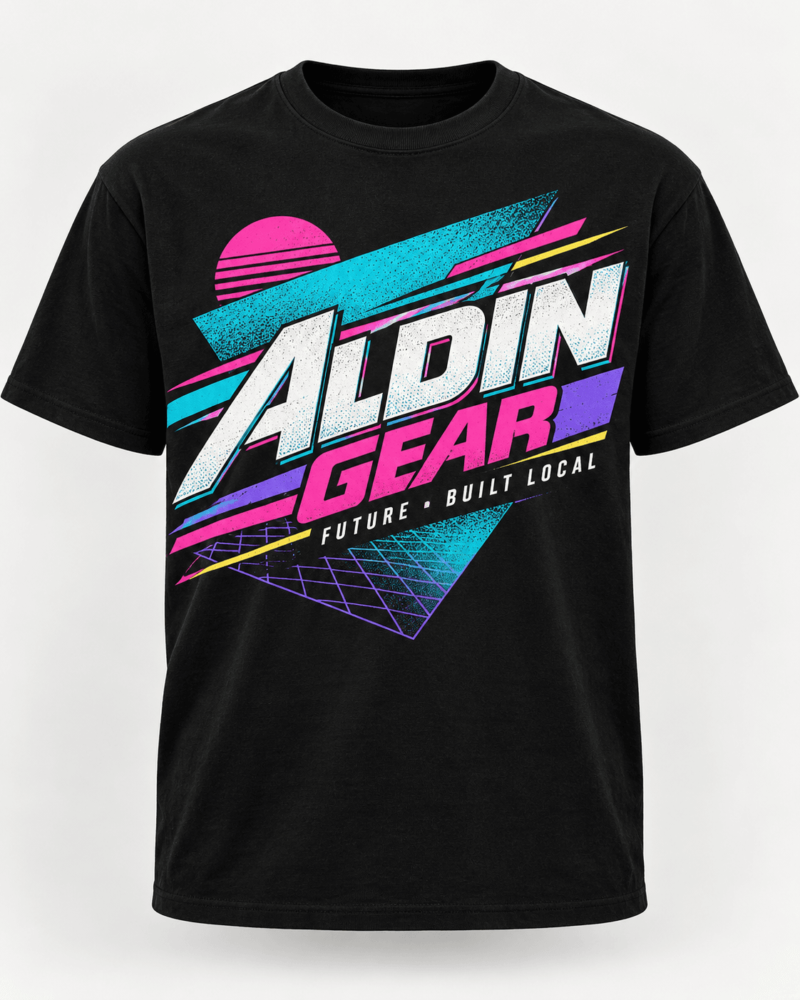 Historical development mockup of a retro Aldin Gear graphic tee