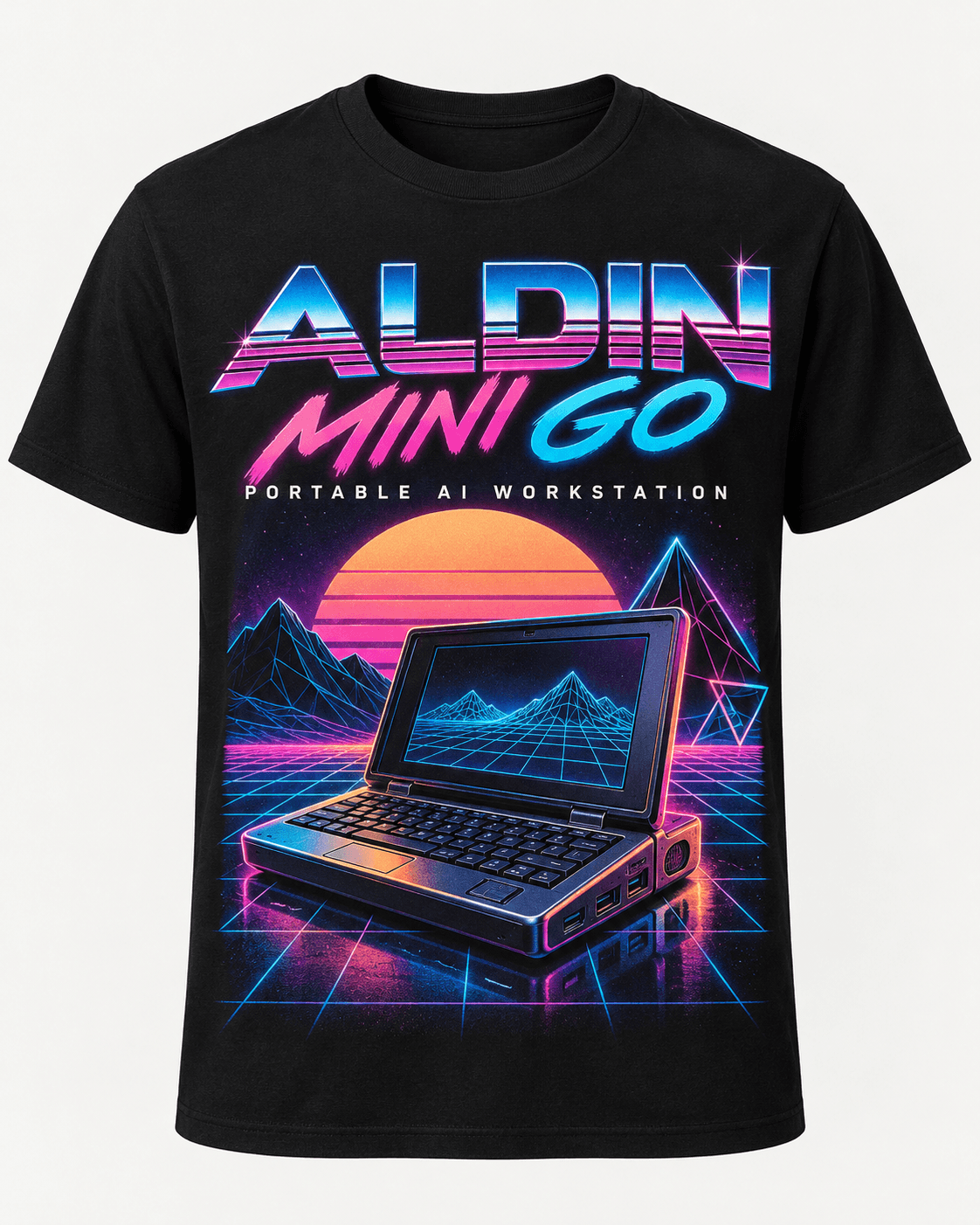 Historical development mockup featuring a neon Aldin Mini workstation