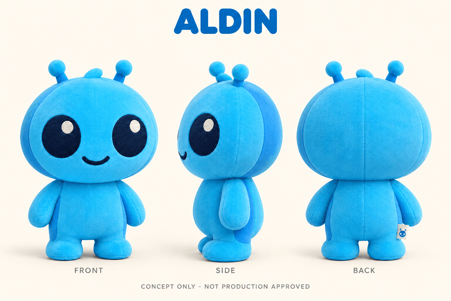 Canonical blue ALDIN original alien plush concept board with front, side and back views; not a physical sample