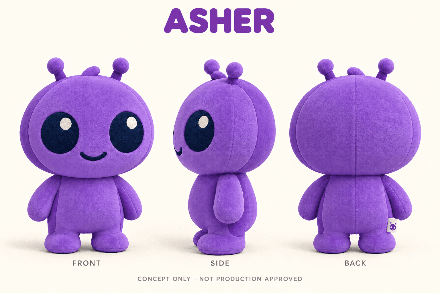 Founder-approved purple ASHER original alien plush concept board with front, side and back views; not a physical sample